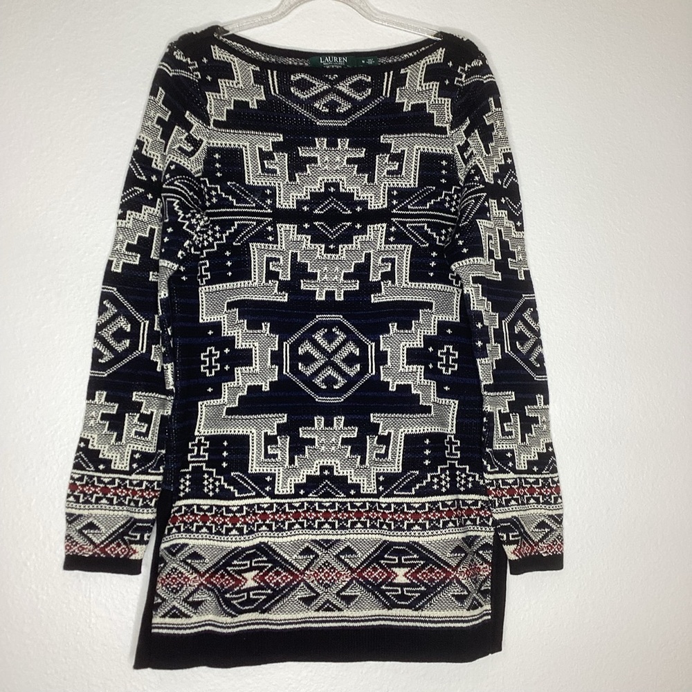Lauren Ralph Lauren Aztec Print Cotton Sweater Black Med